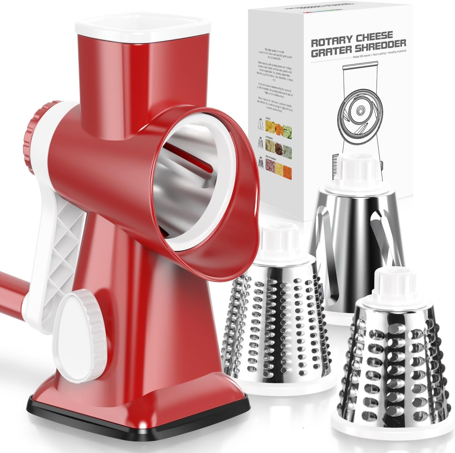 Rotary Grater for Kitchen, Kitchen Grater Vegetable Slicer with 3 Drum Blades