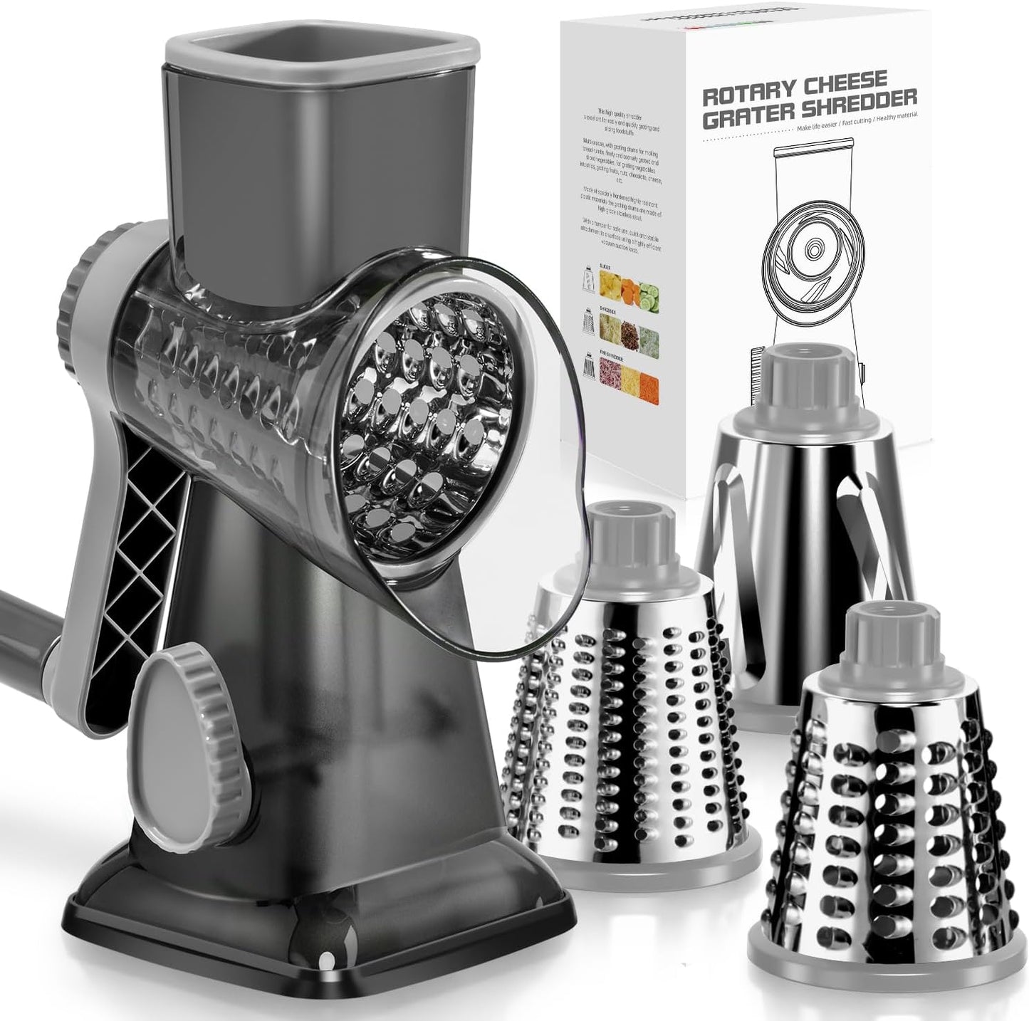 Rotary Grater for Kitchen, Kitchen Grater Vegetable Slicer with 3 Drum Blades
