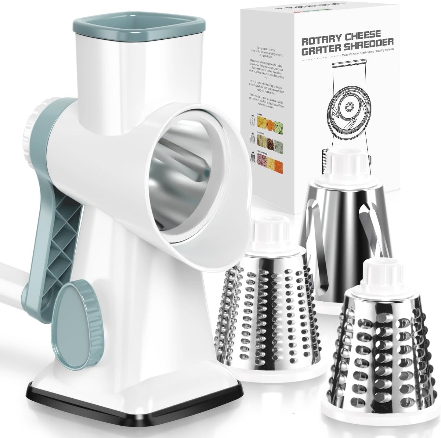 Rotary Grater for Kitchen, Kitchen Grater Vegetable Slicer with 3 Drum Blades