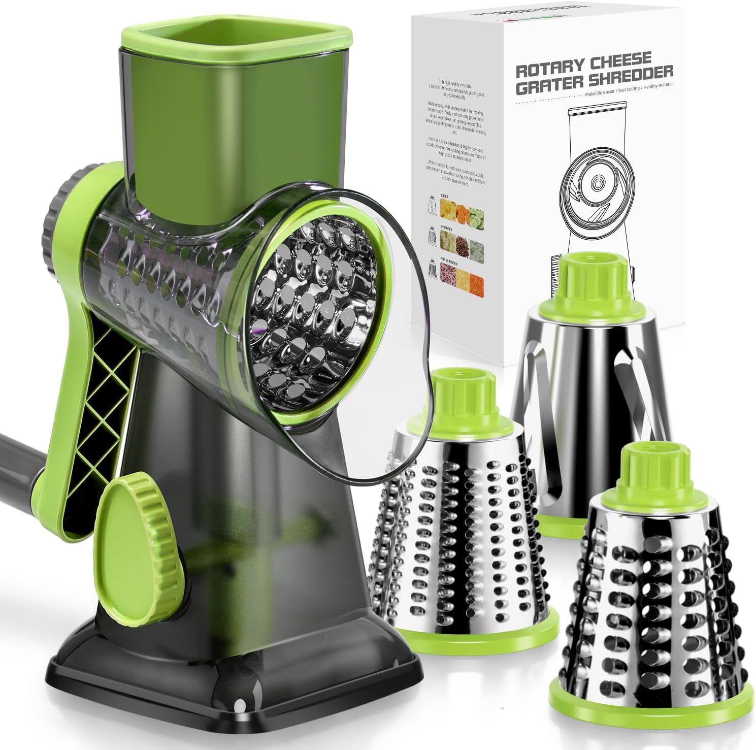 Rotary Grater for Kitchen, Kitchen Grater Vegetable Slicer with 3 Drum Blades